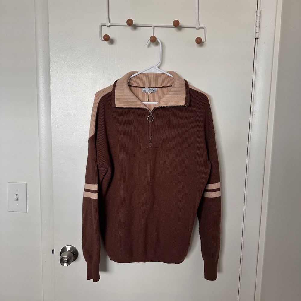 Women's Half-Zip Contrast Collar Sweater Yours Truly - Brown/Cream